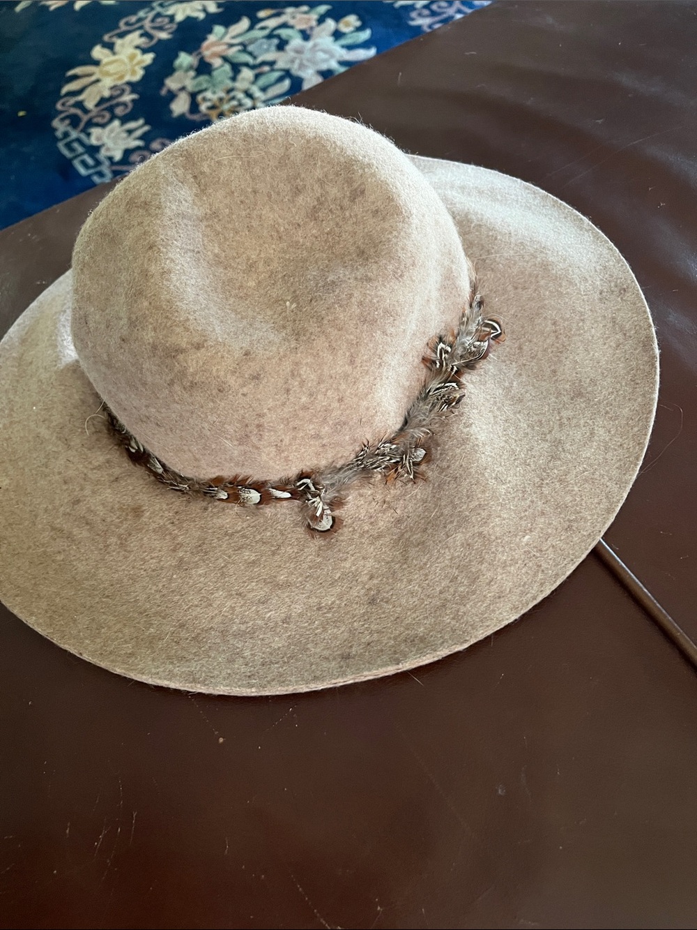 Wide-Brim Felt Boho-Safari Hat with Braided Feather Trim — Beige